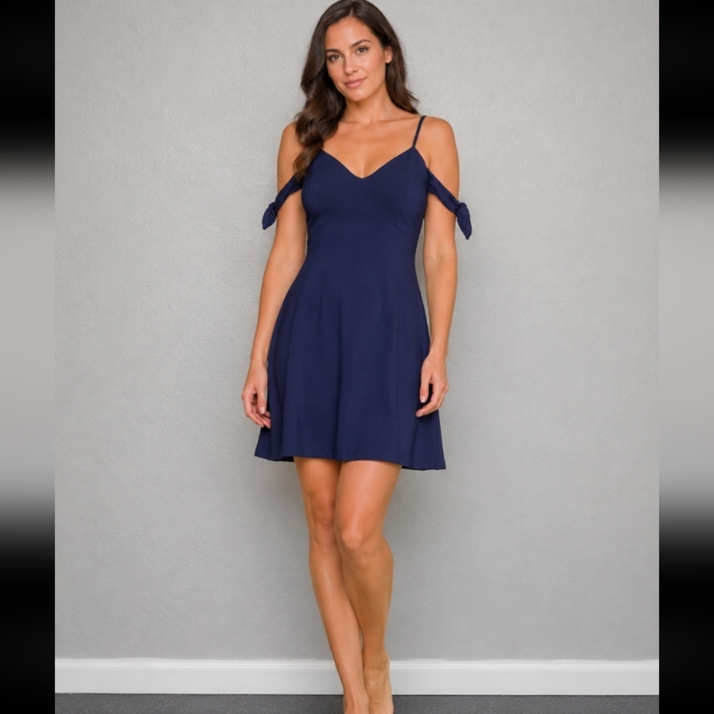 ASTR Cold Shoulder Spaghetti Strap Dress Blue Medium
